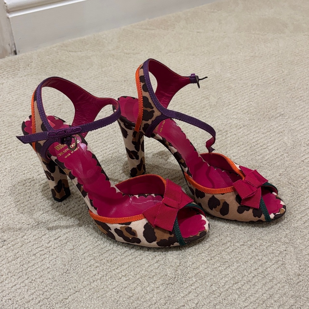 Moschino Leopard Print High Heel Sandals with Red and Purple Accents